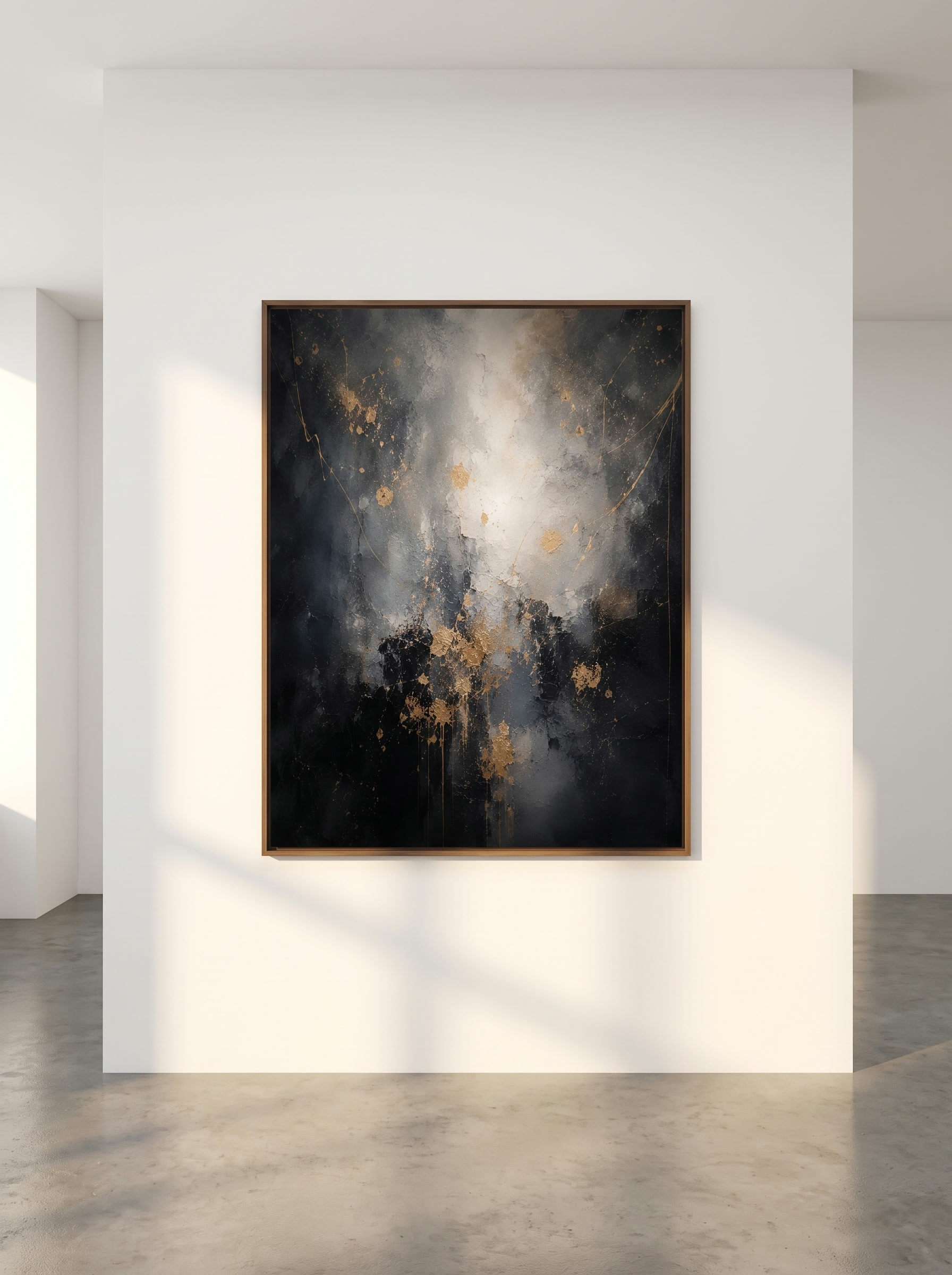Born from Light, dark abstract with gold leaf on white gallery wall