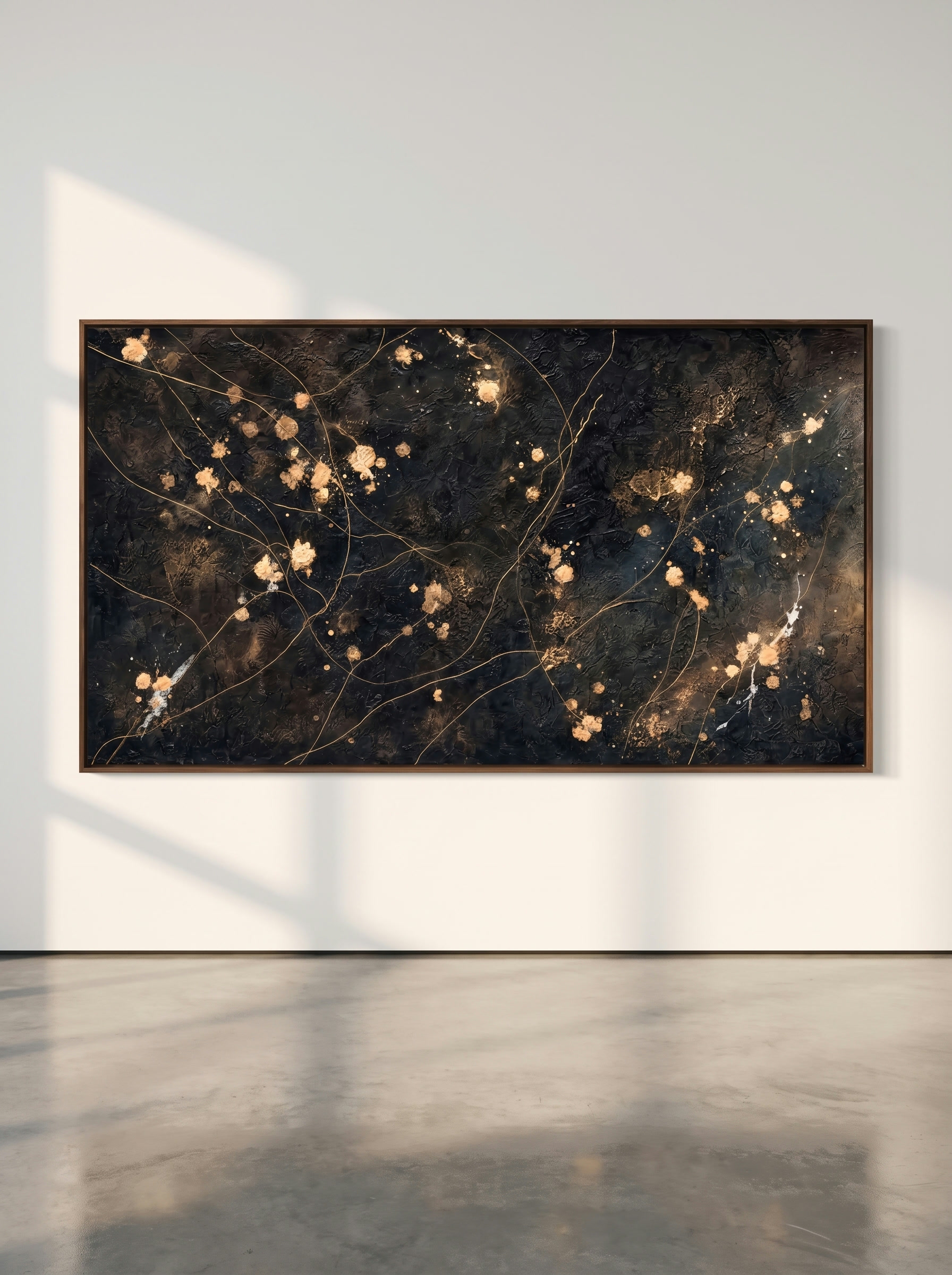 Nocturne in Gold, dark textured abstract with tan and gold blooms on white gallery wall