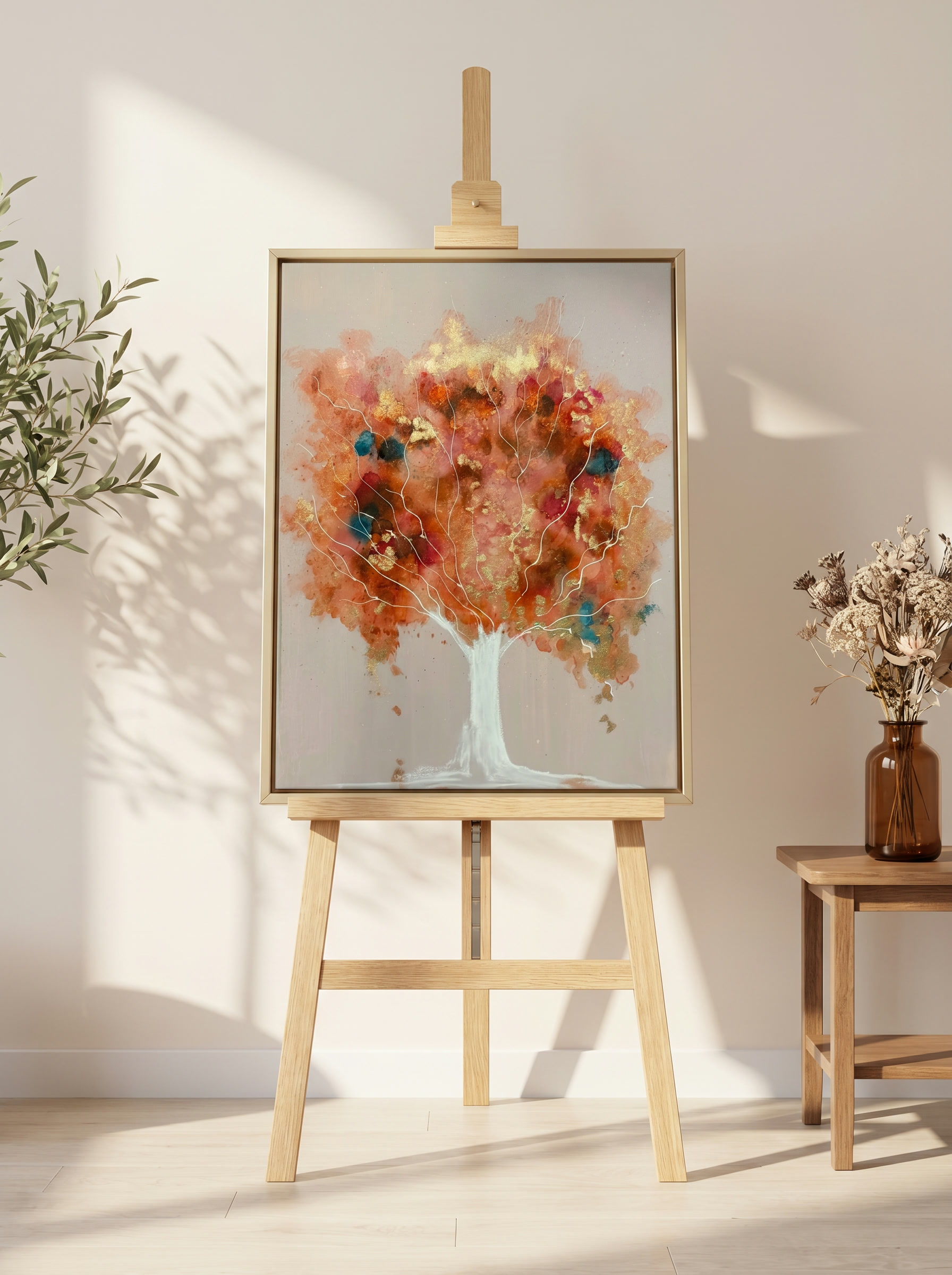 Tree of Life — Amber Whisper, coral and gold tree on an easel in a sunlit room