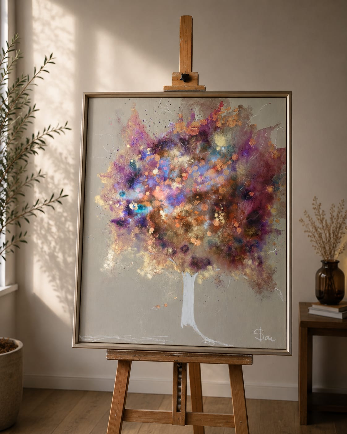 Tree of Life — Violet Dawn, framed painting in a sunlit room