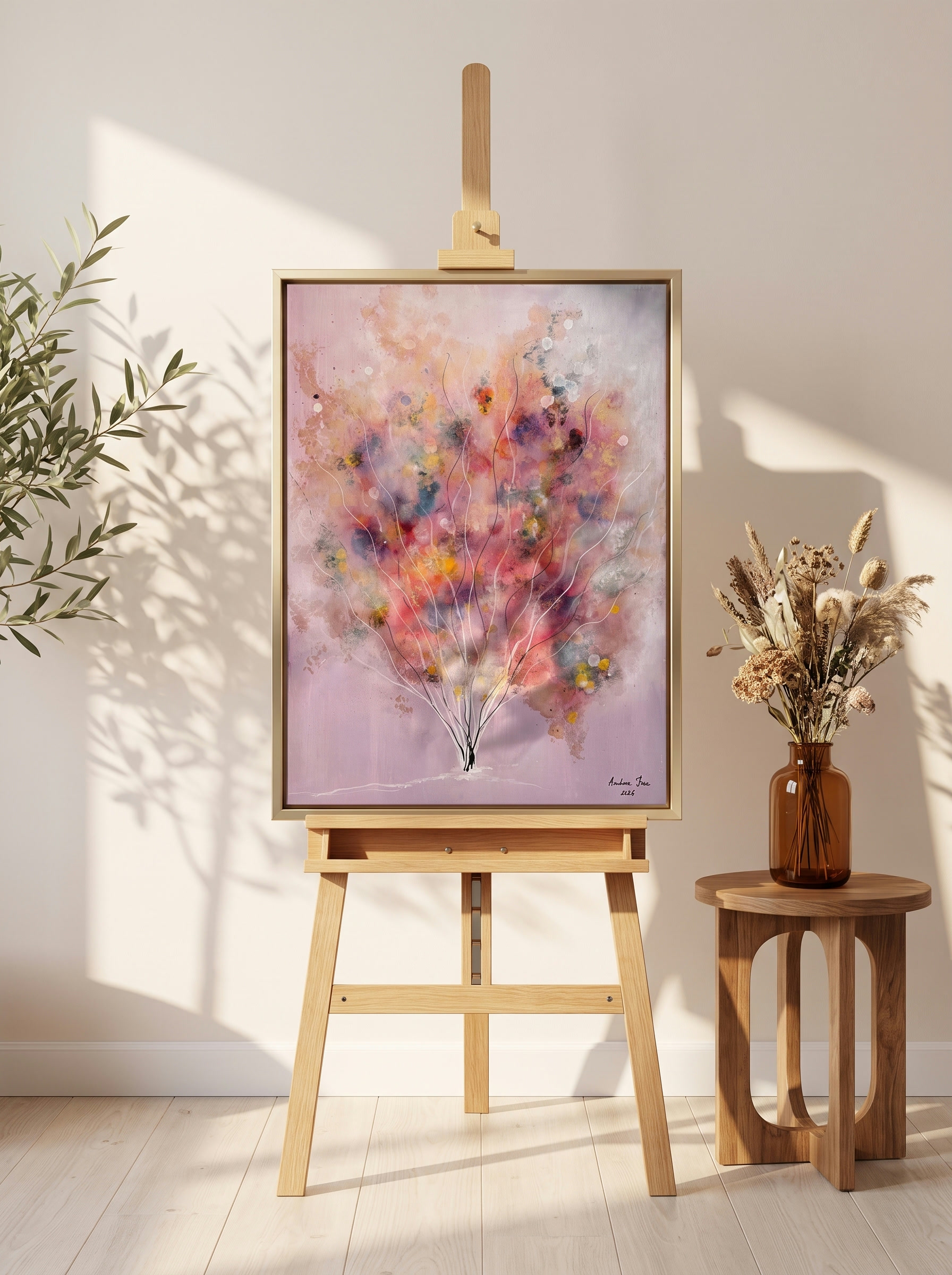 Tree of Life — Blush Bouquet, pink and gold flowering burst on an easel in a sunlit room